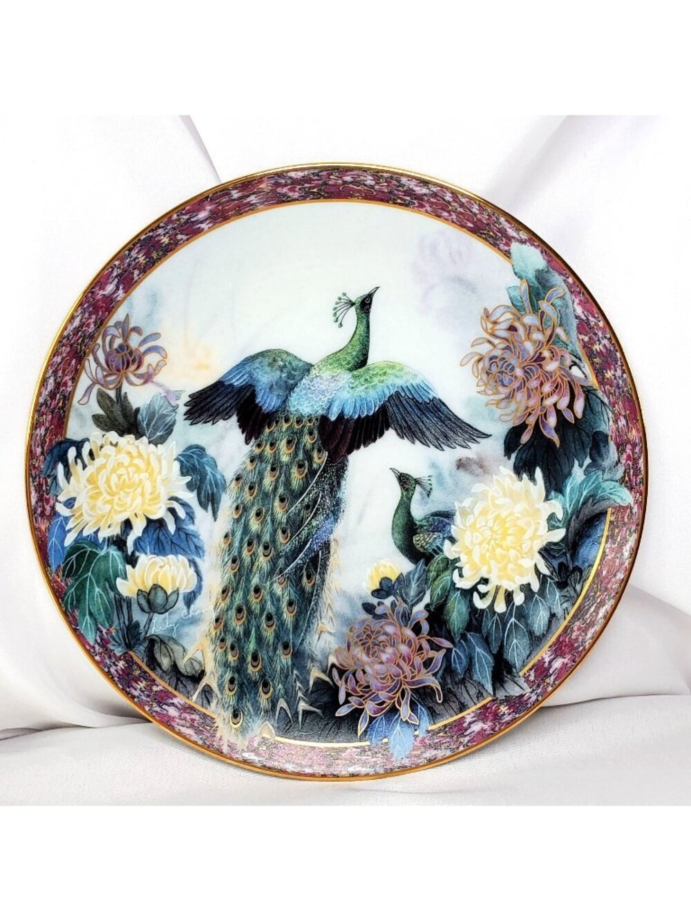 Serenity By Lily Chang Gardens Of Paradise Plate Peacocks Chrysanthemum 1992 COA